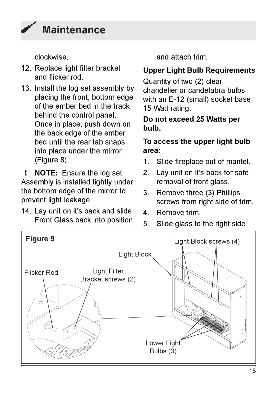 Dimplex DF2608 owner manual Upper Light Bulb Requirements 