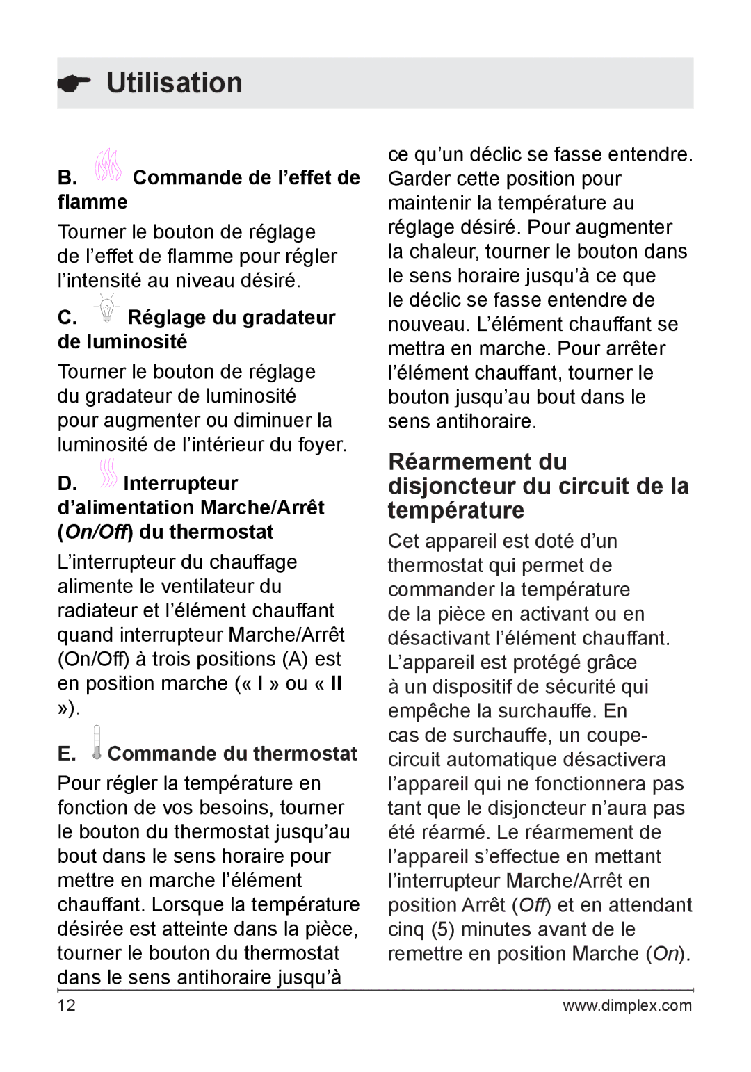 Dimplex DF2608 owner manual Réarmement du disjoncteur du circuit de la température, Commande de l’effet de flamme 