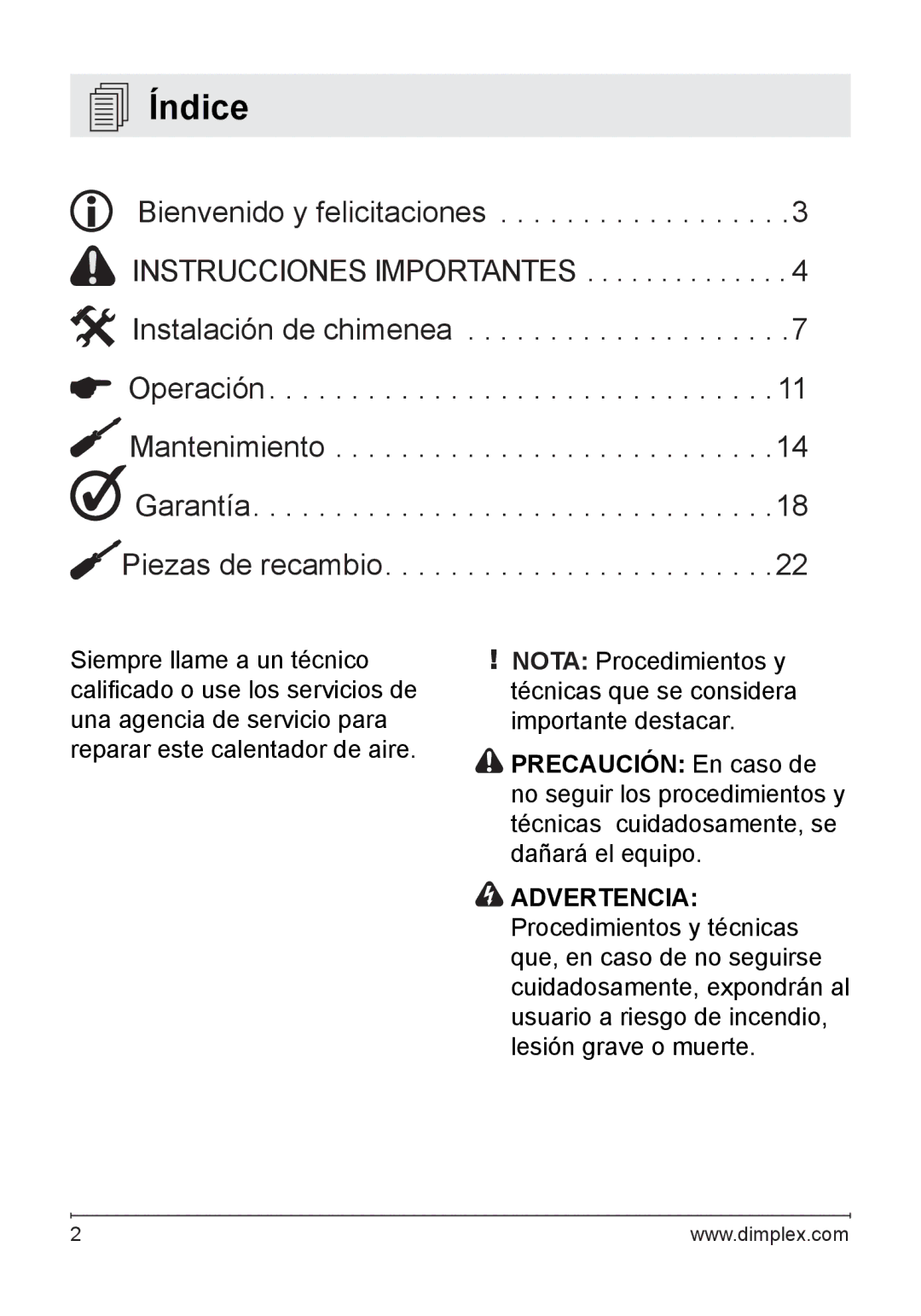 Dimplex DF2608 owner manual Índice 