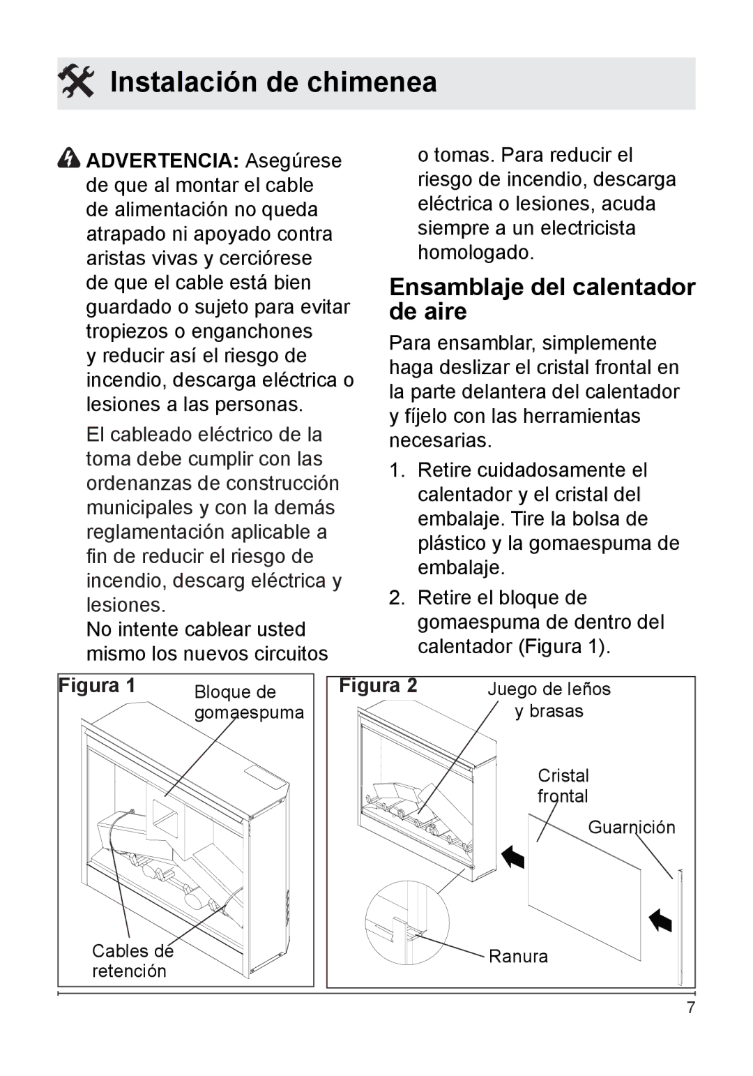 Dimplex DF2608 owner manual Instalación de chimenea, Ensamblaje del calentador de aire 