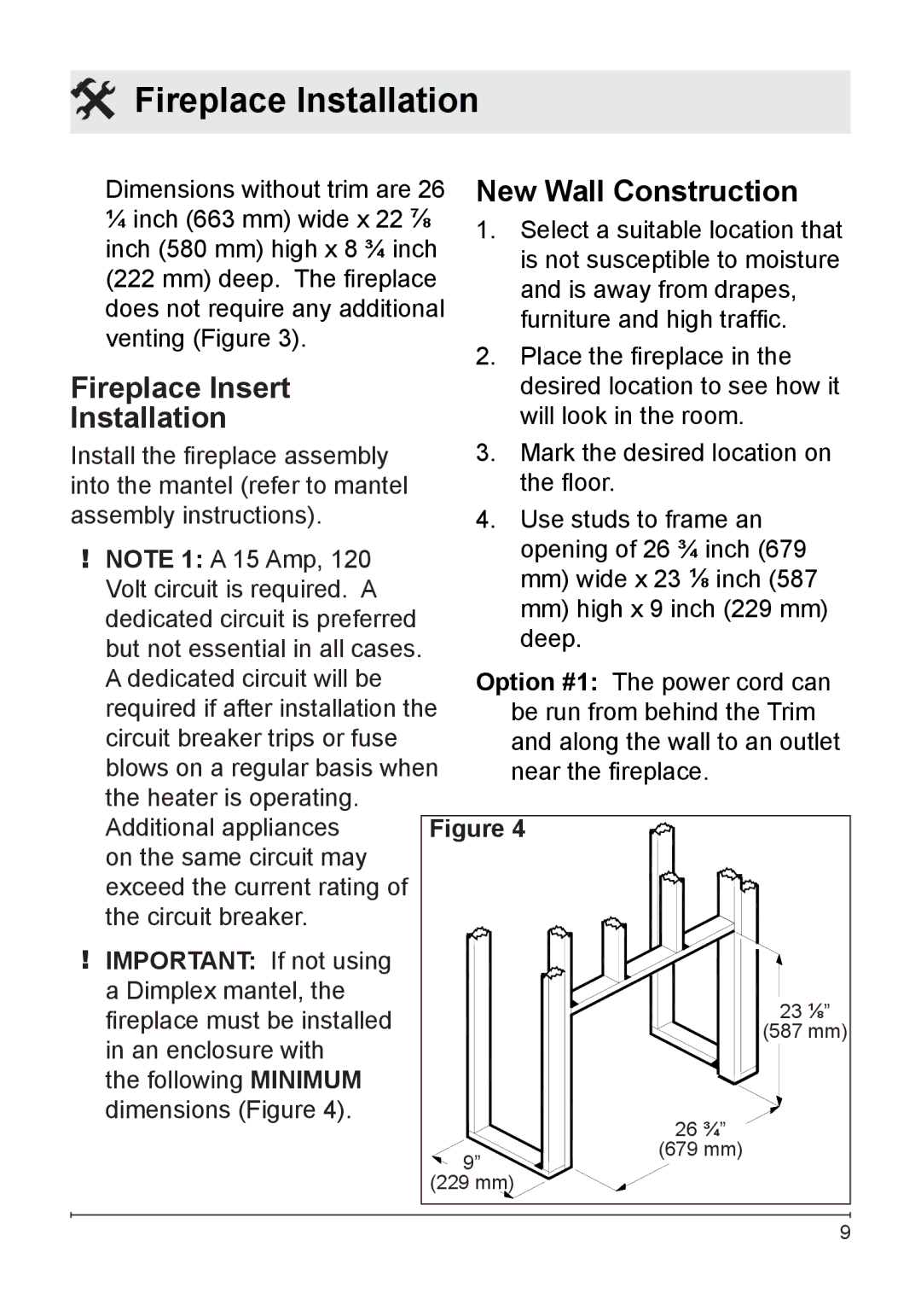 Dimplex DF2608 owner manual New Wall Construction, Fireplace Insert, Installation 