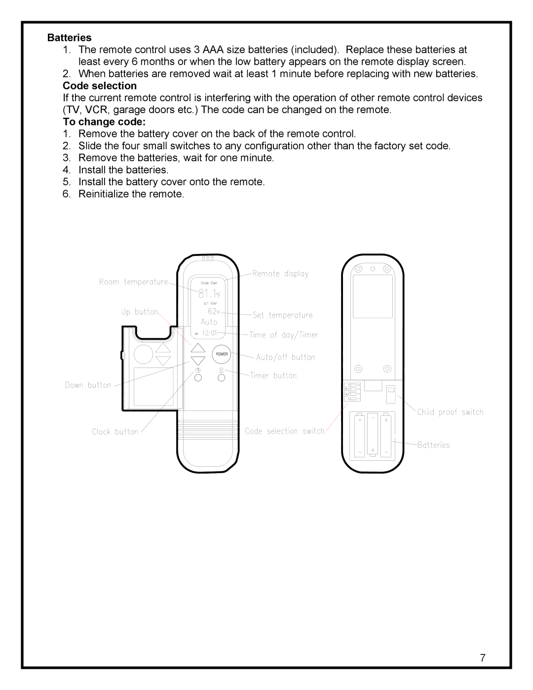 Dimplex DF3003, SF3003 manual Batteries, Code selection, To change code 