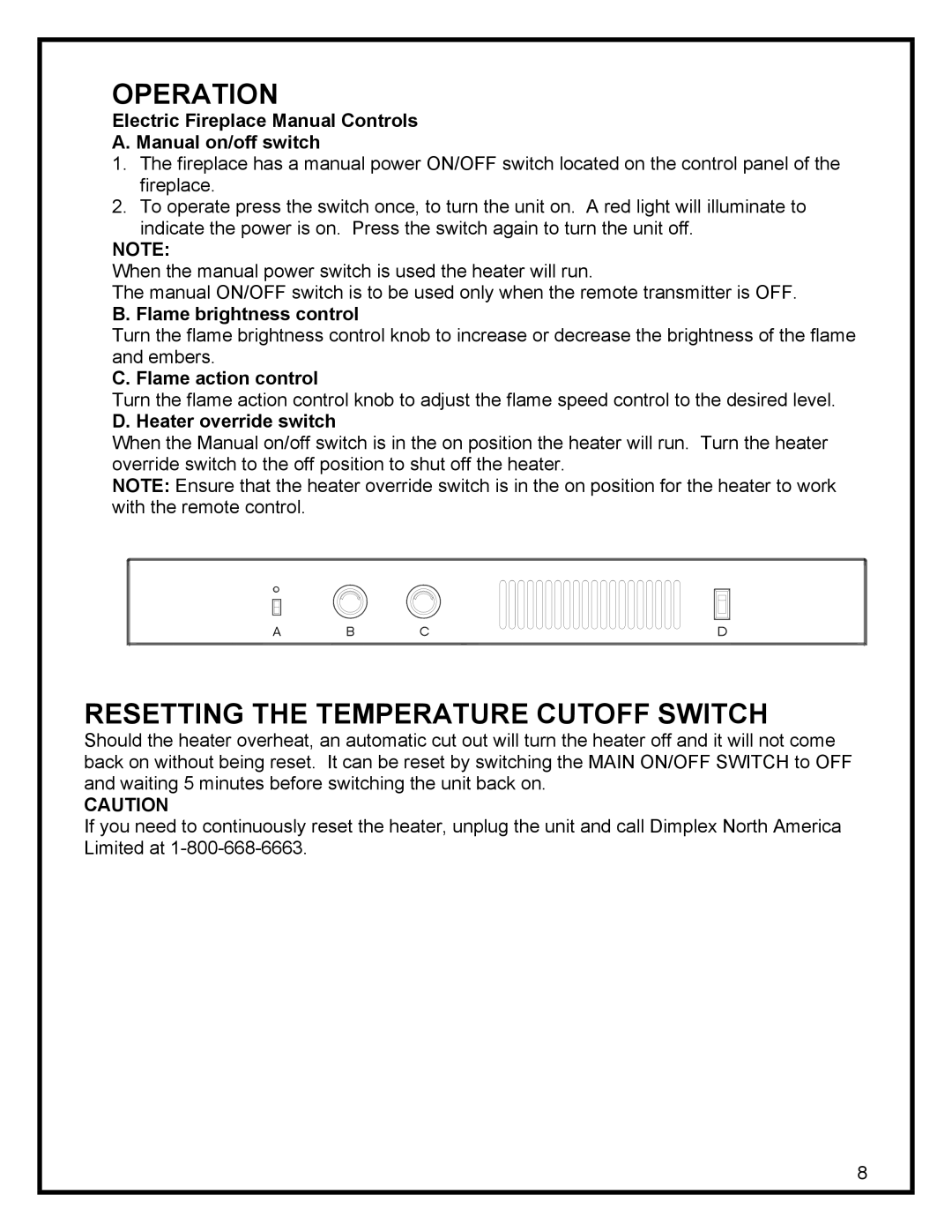 Dimplex SF3003, DF3003 Resetting the Temperature Cutoff Switch, Electric Fireplace Manual Controls Manual on/off switch 