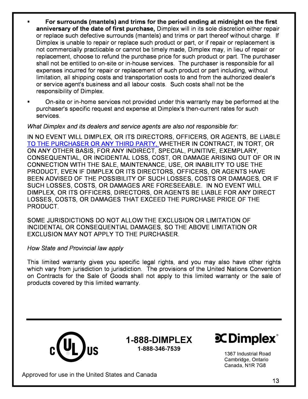 Dimplex DF3003, SF3003 manual Dimplex, How State and Provincial law apply 