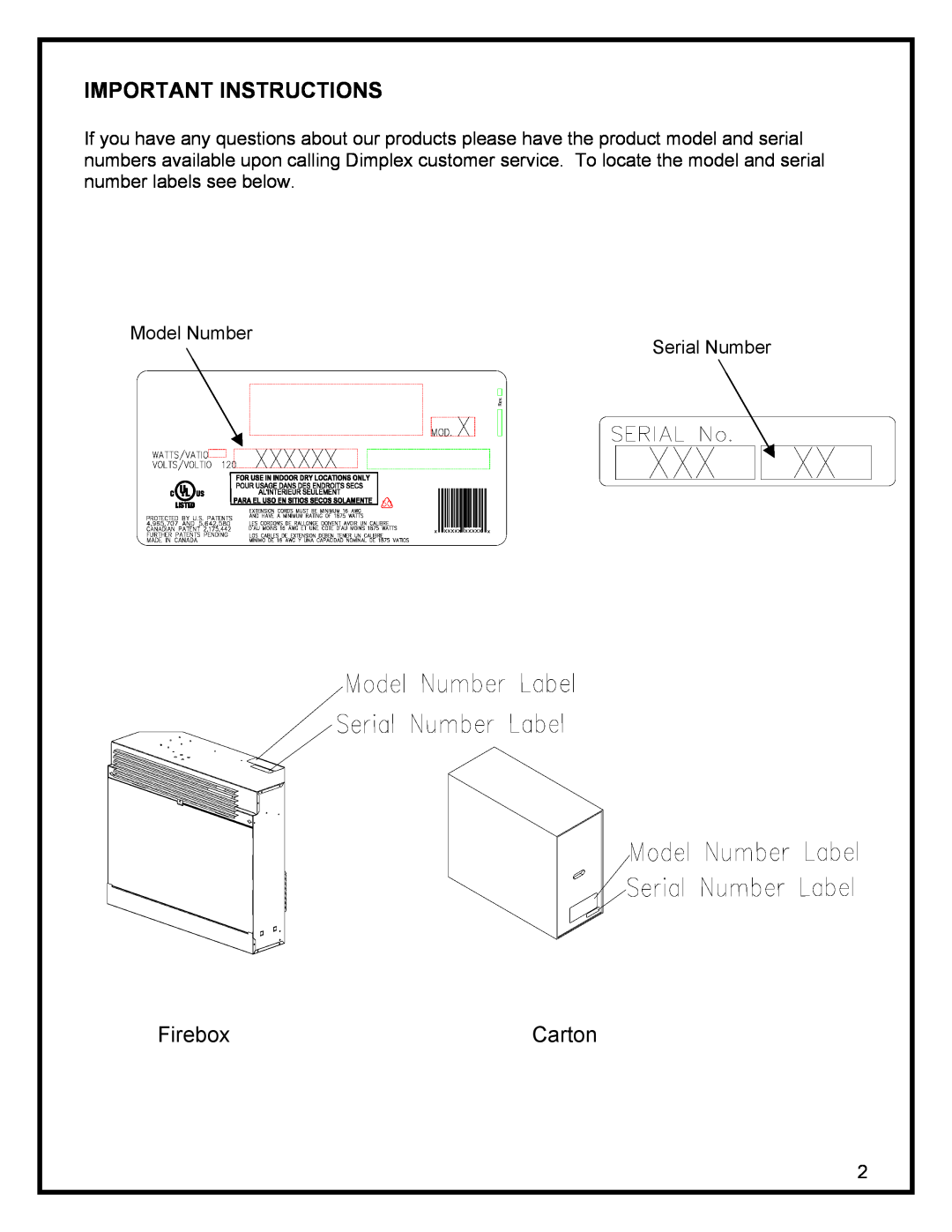 Dimplex SF3003, DF3003 manual Important Instructions, Firebox, Carton 