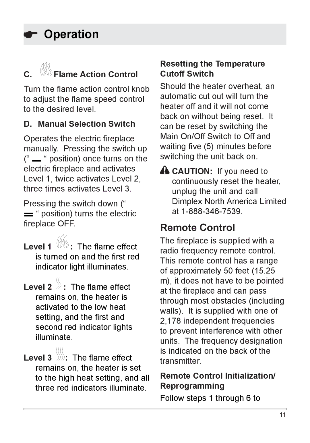 Dimplex DF3003 Remote Control, Flame Action Control, Manual Selection Switch, Resetting the Temperature Cutoff Switch 