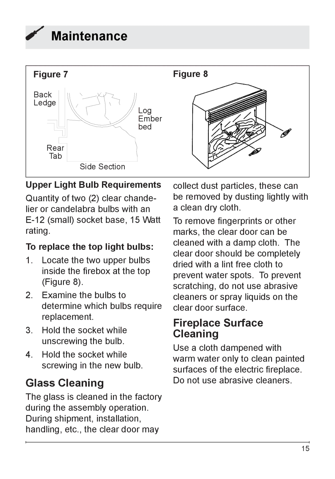 Dimplex DF3003 Glass Cleaning, Fireplace Surface Cleaning, Upper Light Bulb Requirements, To replace the top light bulbs 