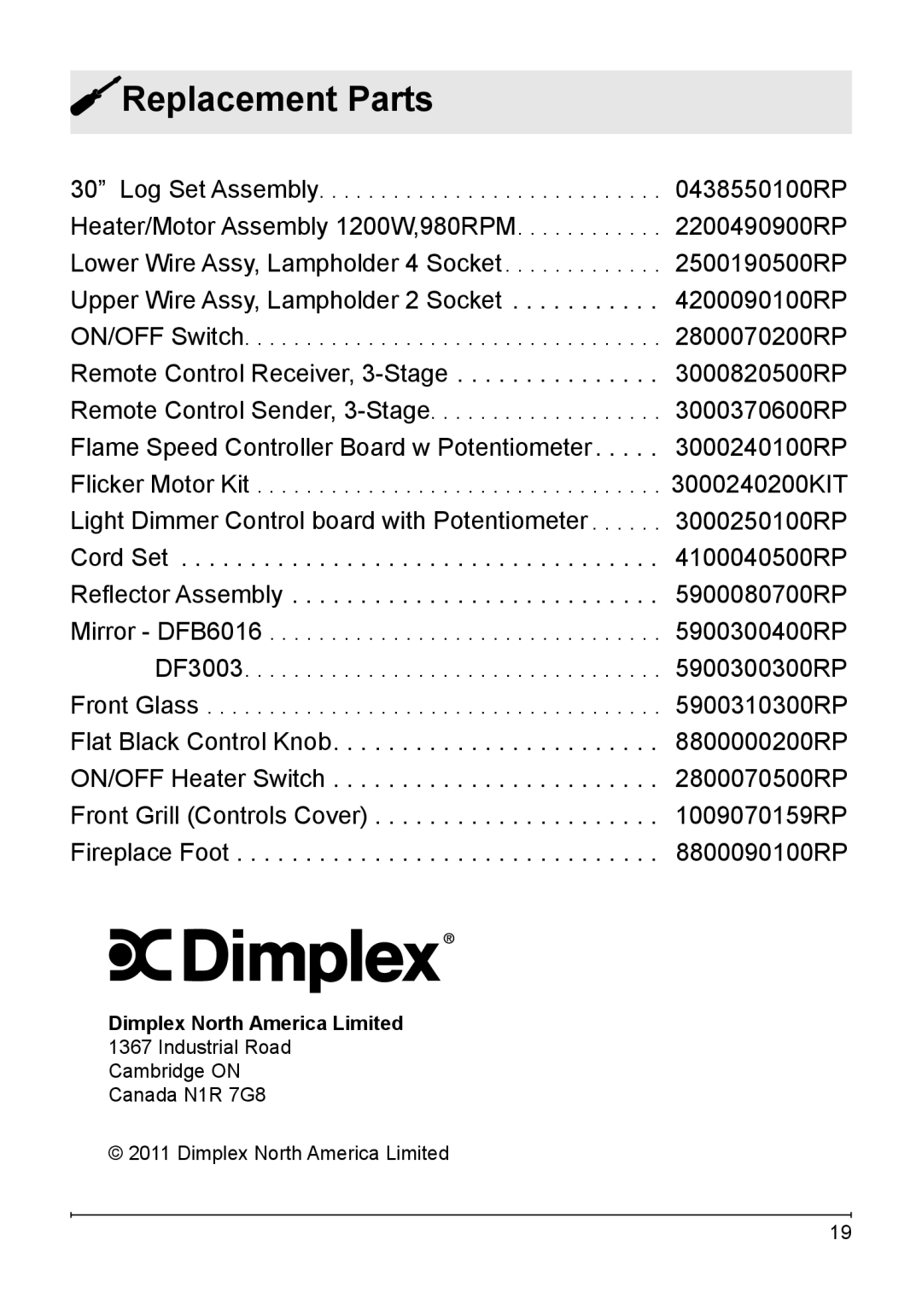 Dimplex DF3003 owner manual Replacement Parts 