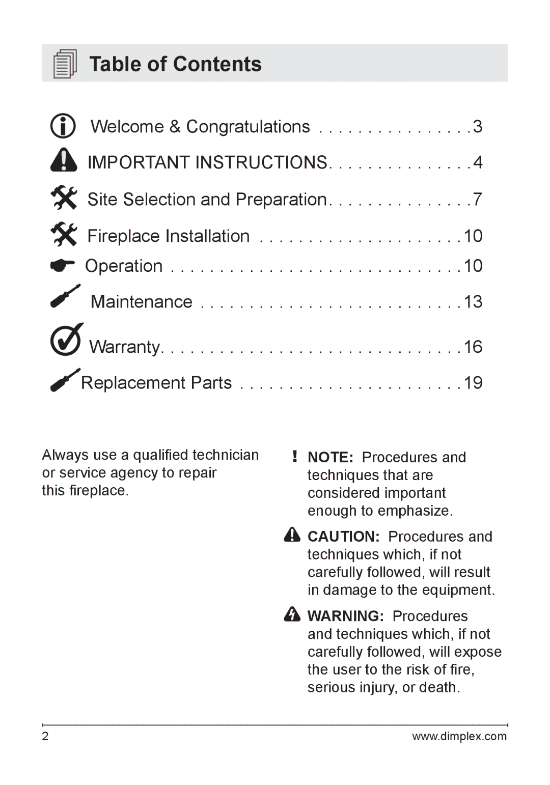 Dimplex DF3003 owner manual Table of Contents 