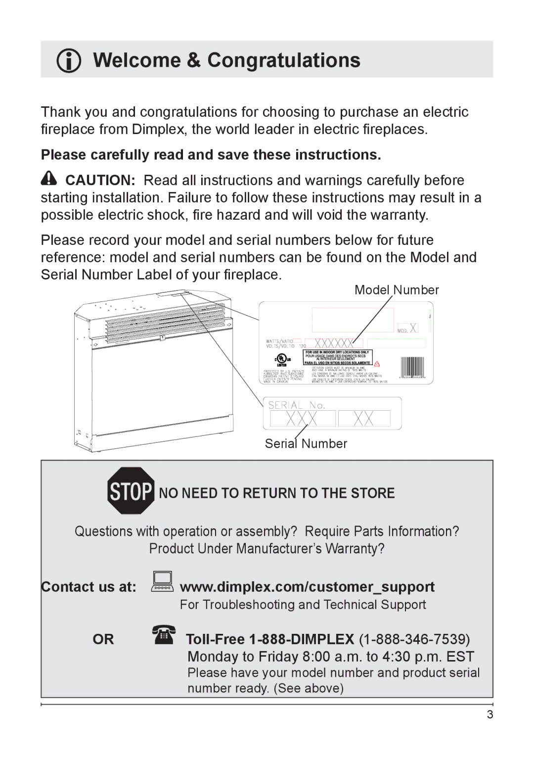 Dimplex DF3003 owner manual Welcome & Congratulations, Please carefully read and save these instructions 