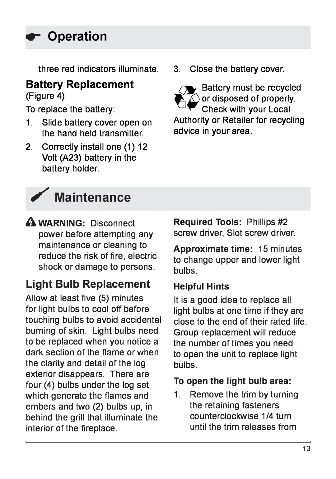 Dimplex DF3003 owner manual Maintenance, Battery Replacement, Light Bulb Replacement, Operation, Helpful Hints 