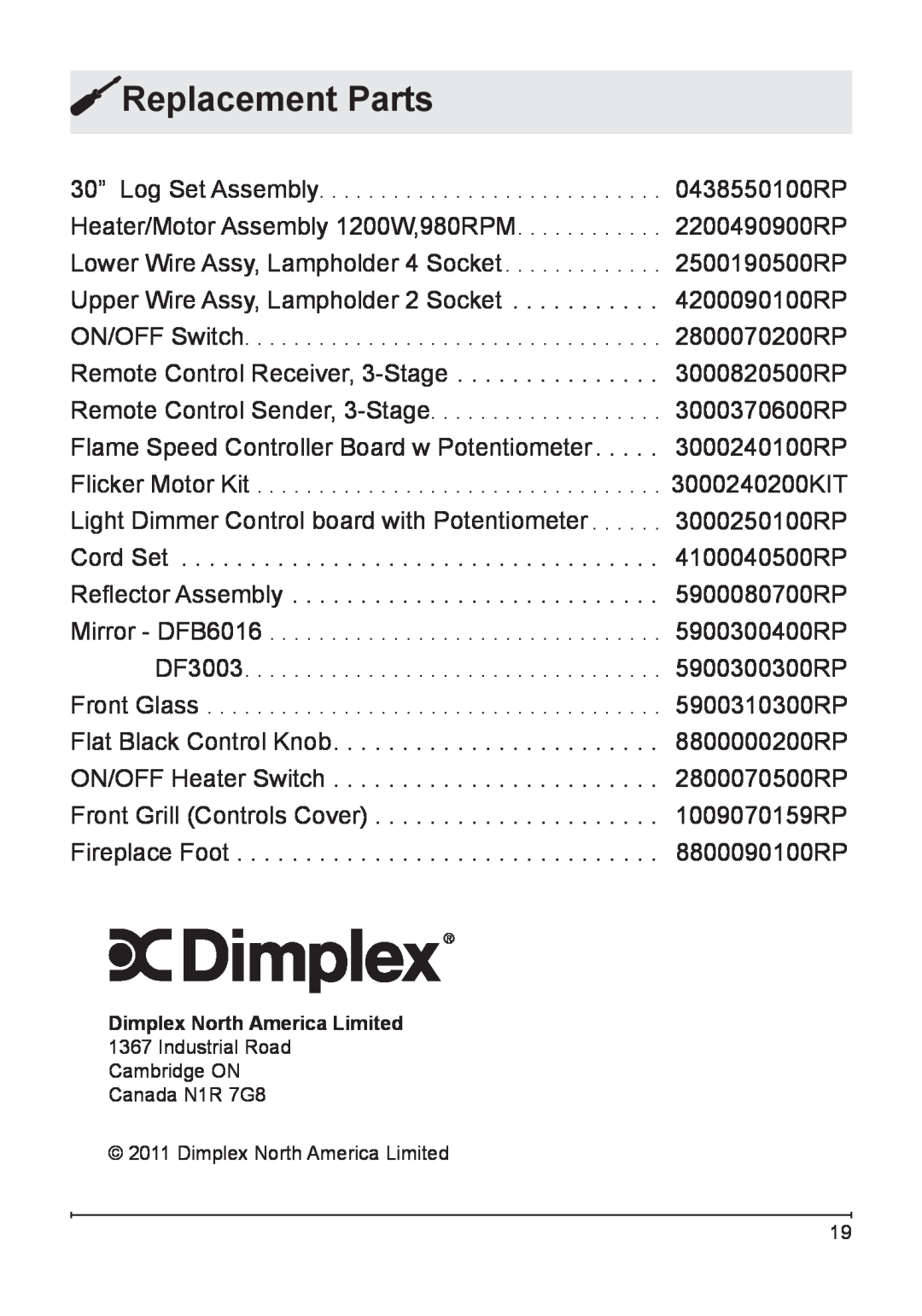 Dimplex DF3003 owner manual Replacement Parts, Dimplex North America Limited 