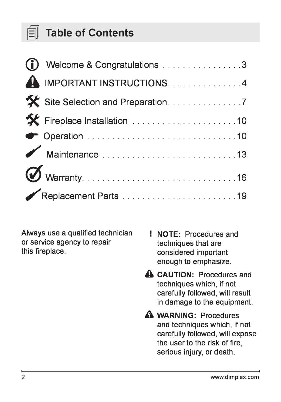Dimplex DF3003 owner manual Table of Contents 
