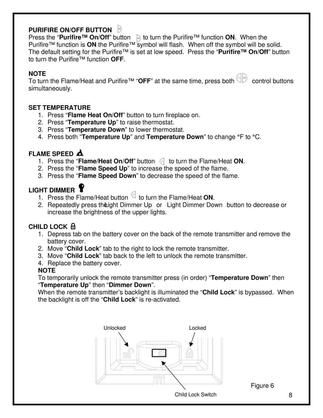 Dimplex DF3015 manual Purifire ON/OFF Button, SET Temperature, Flame Speed, Light Dimmer, Child Lock 