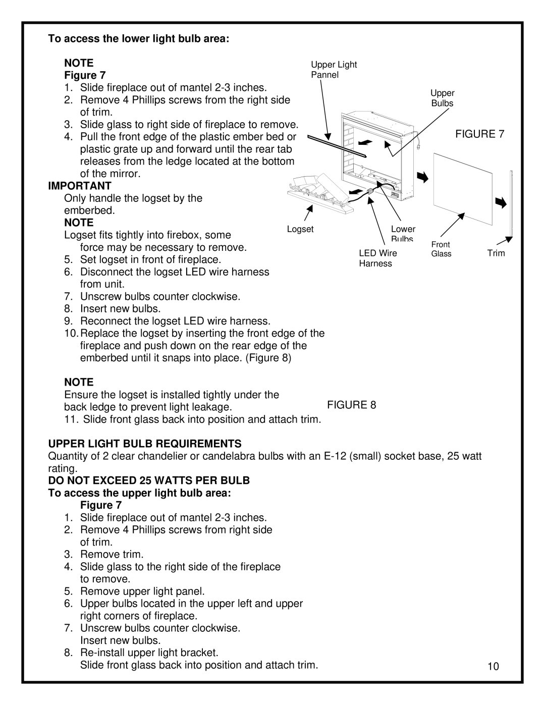 Dimplex DF3015 manual Upper Light Bulb Requirements, Do not Exceed 25 Watts PER Bulb 