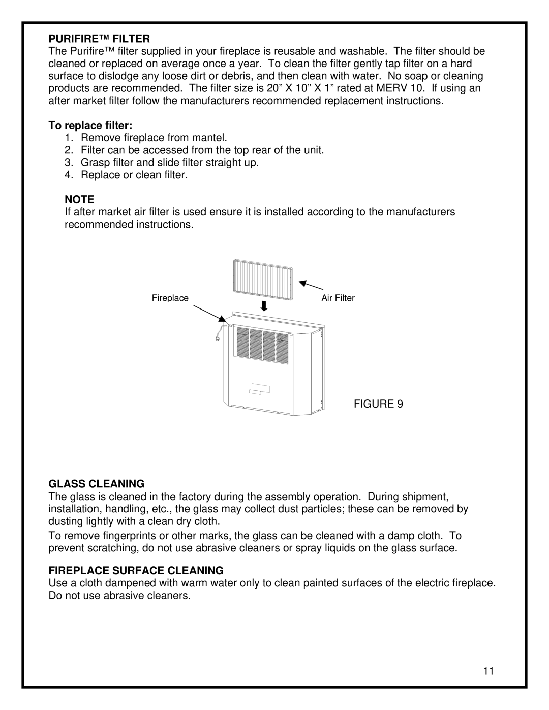 Dimplex DF3015 manual Purifire Filter, Glass Cleaning, Fireplace Surface Cleaning 