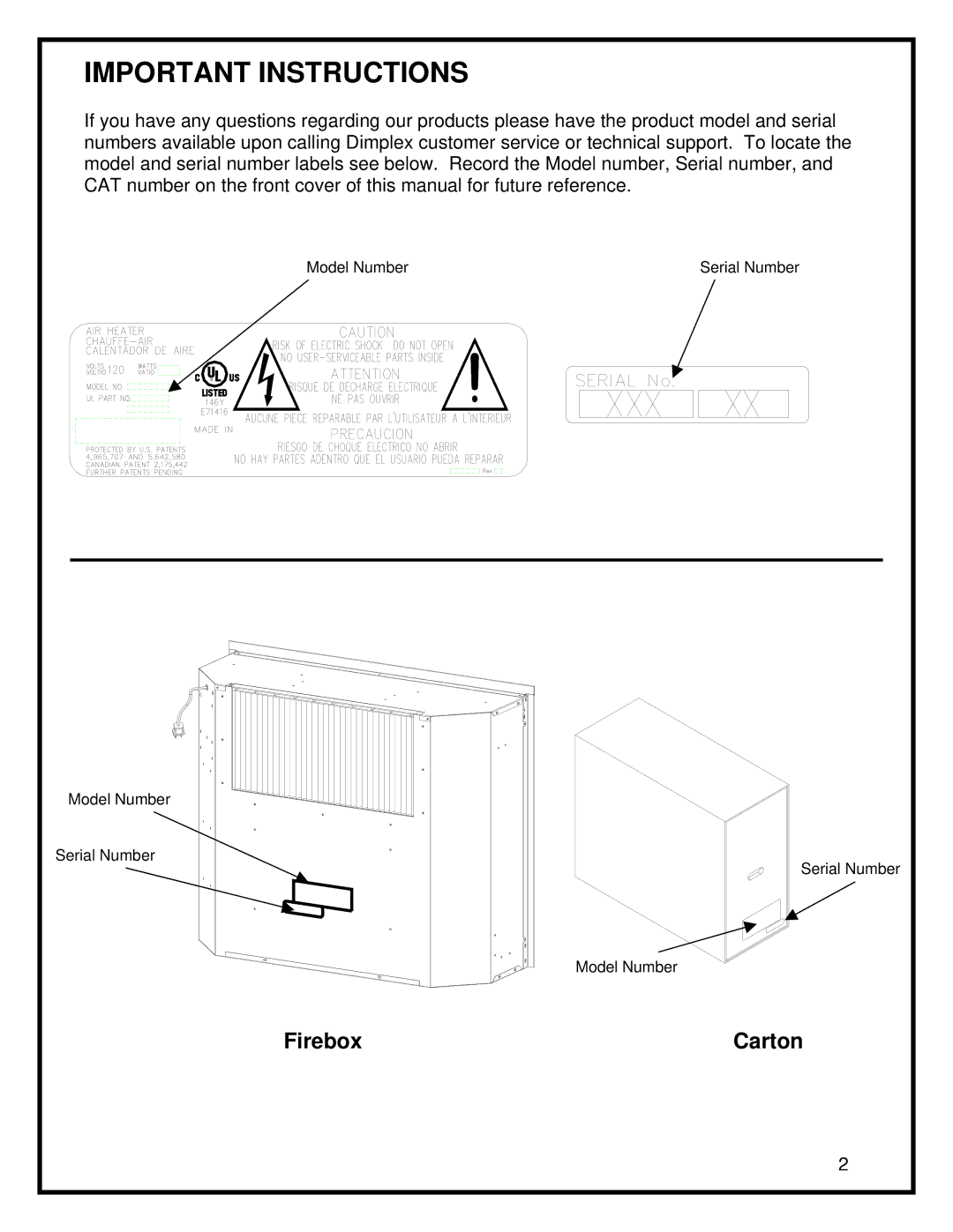 Dimplex DF3015 manual Important Instructions, Firebox 