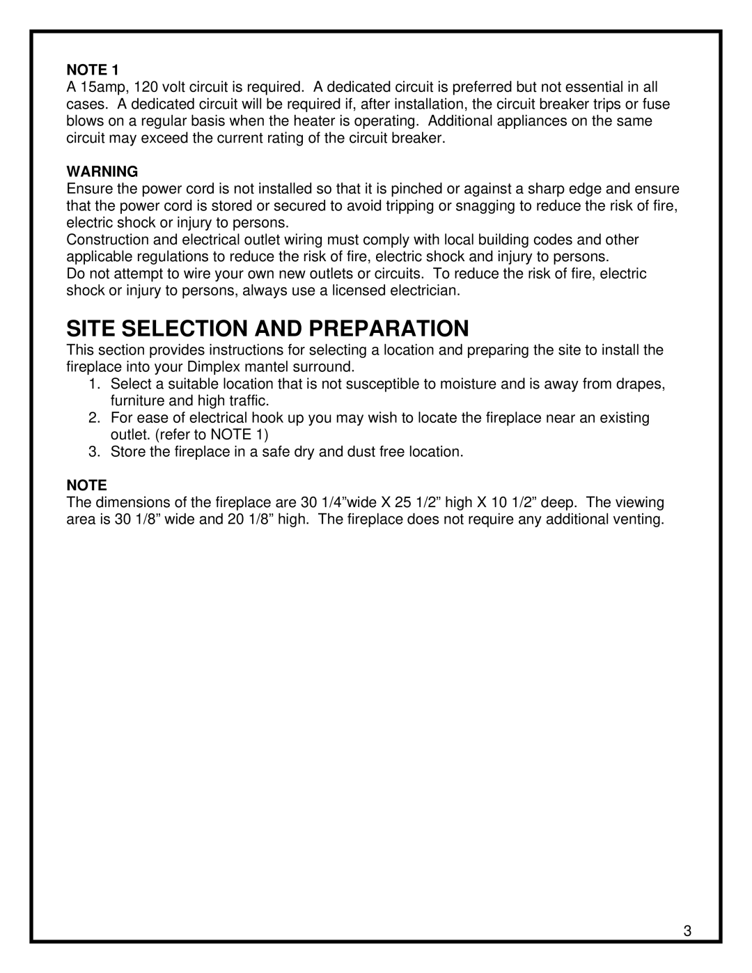 Dimplex DF3015 manual Site Selection and Preparation 