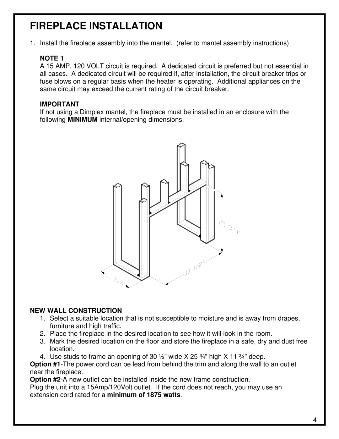 Dimplex DF3015 manual Fireplace Installation, NEW Wall Construction 