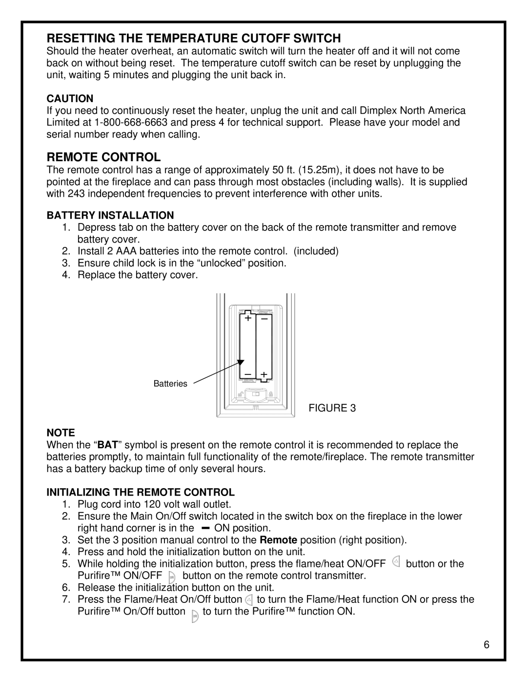 Dimplex DF3015 manual Battery Installation, Initializing the Remote Control 