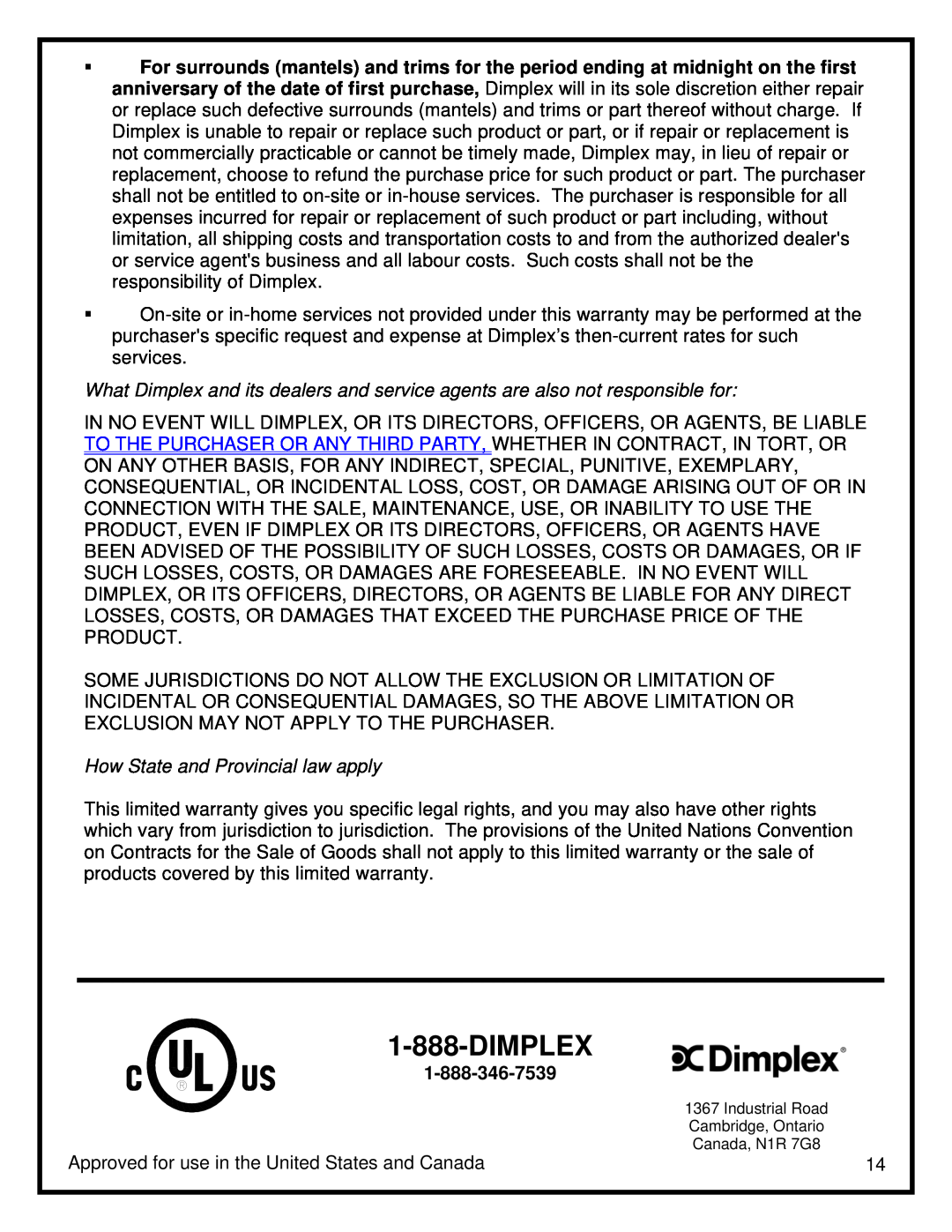 Dimplex DF3015 manual Dimplex, How State and Provincial law apply 