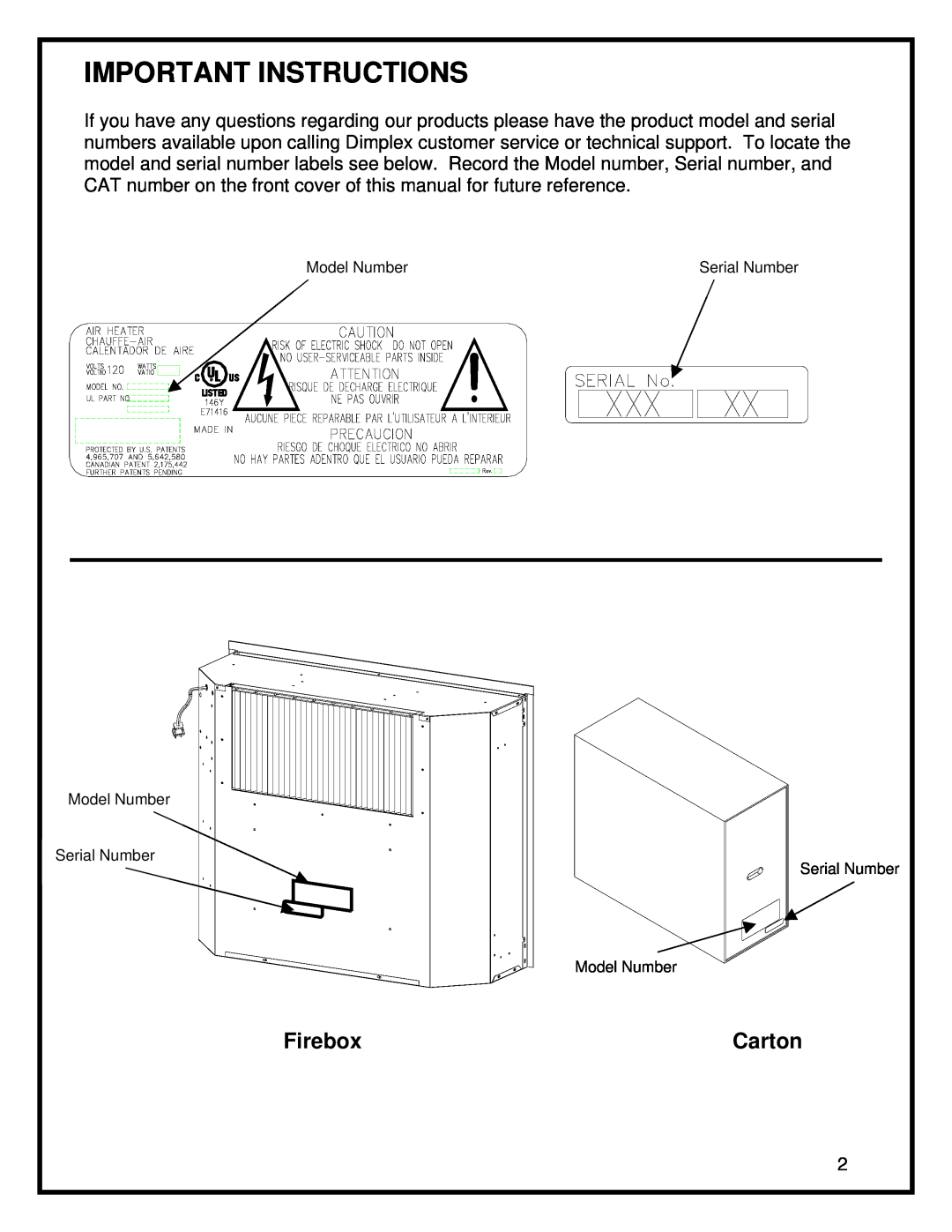Dimplex DF3015 manual Important Instructions, Firebox, Carton 