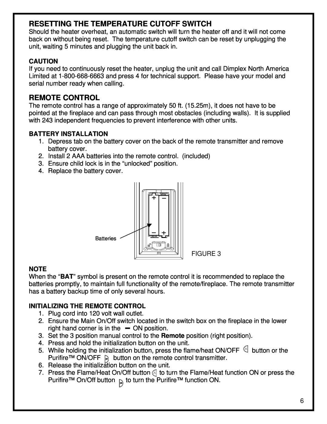 Dimplex DF3015 manual Resetting The Temperature Cutoff Switch, Remote Control, Battery Installation 