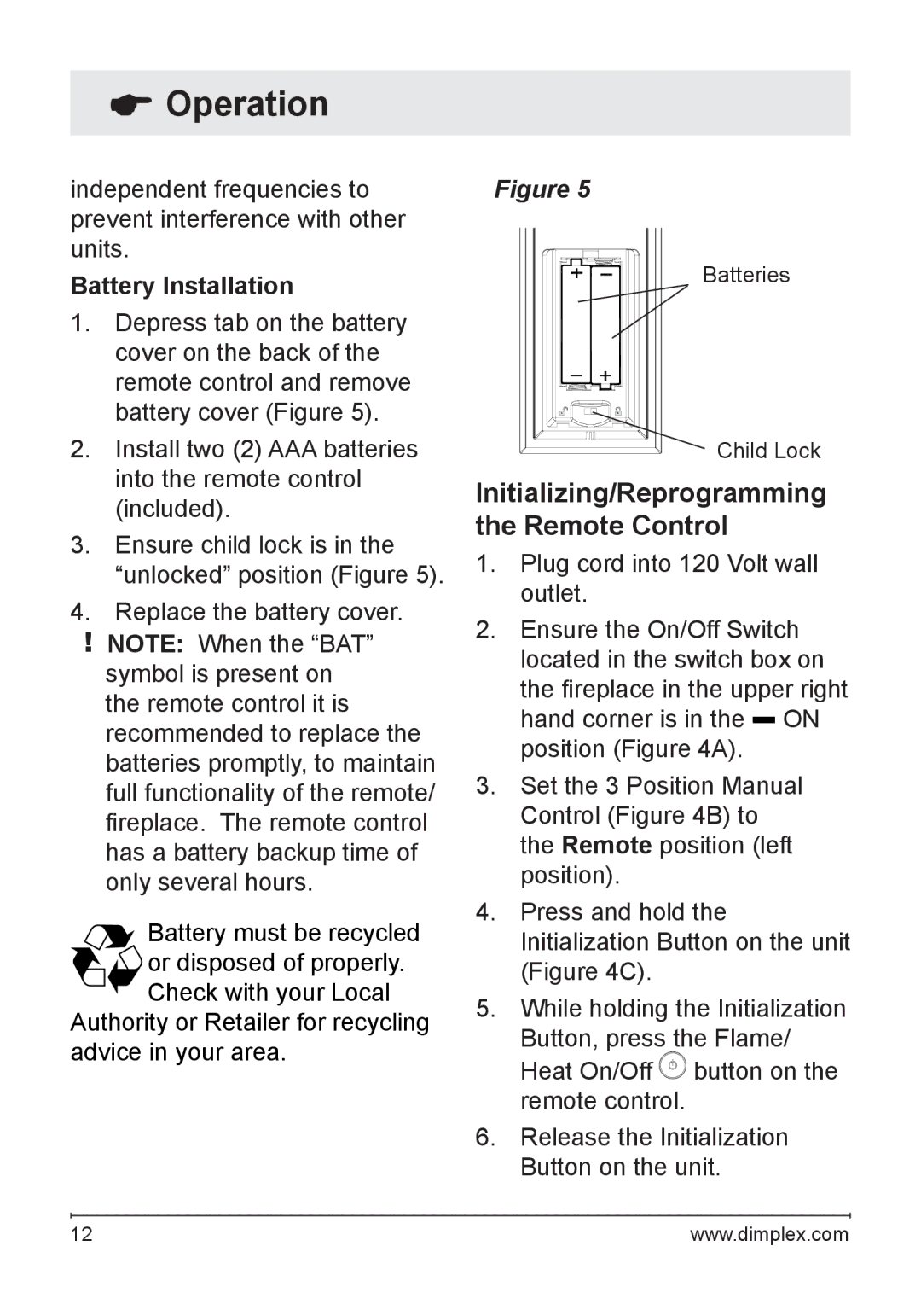 Dimplex DF3033ST owner manual Initializing/Reprogramming the Remote Control, Battery Installation 