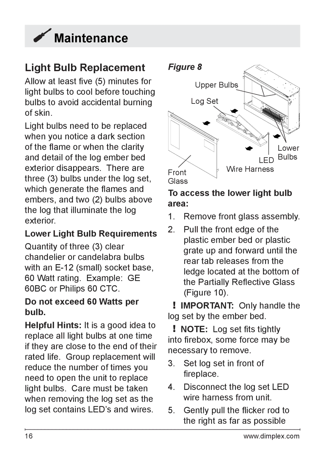 Dimplex DF3033ST Maintenance, Light Bulb Replacement, Lower Light Bulb Requirements, Do not exceed 60 Watts per bulb 