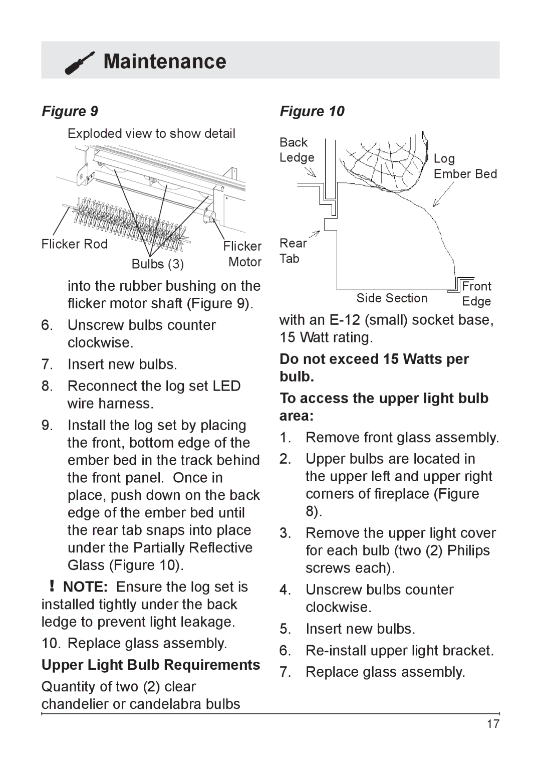 Dimplex DF3033ST owner manual Upper Light Bulb Requirements 