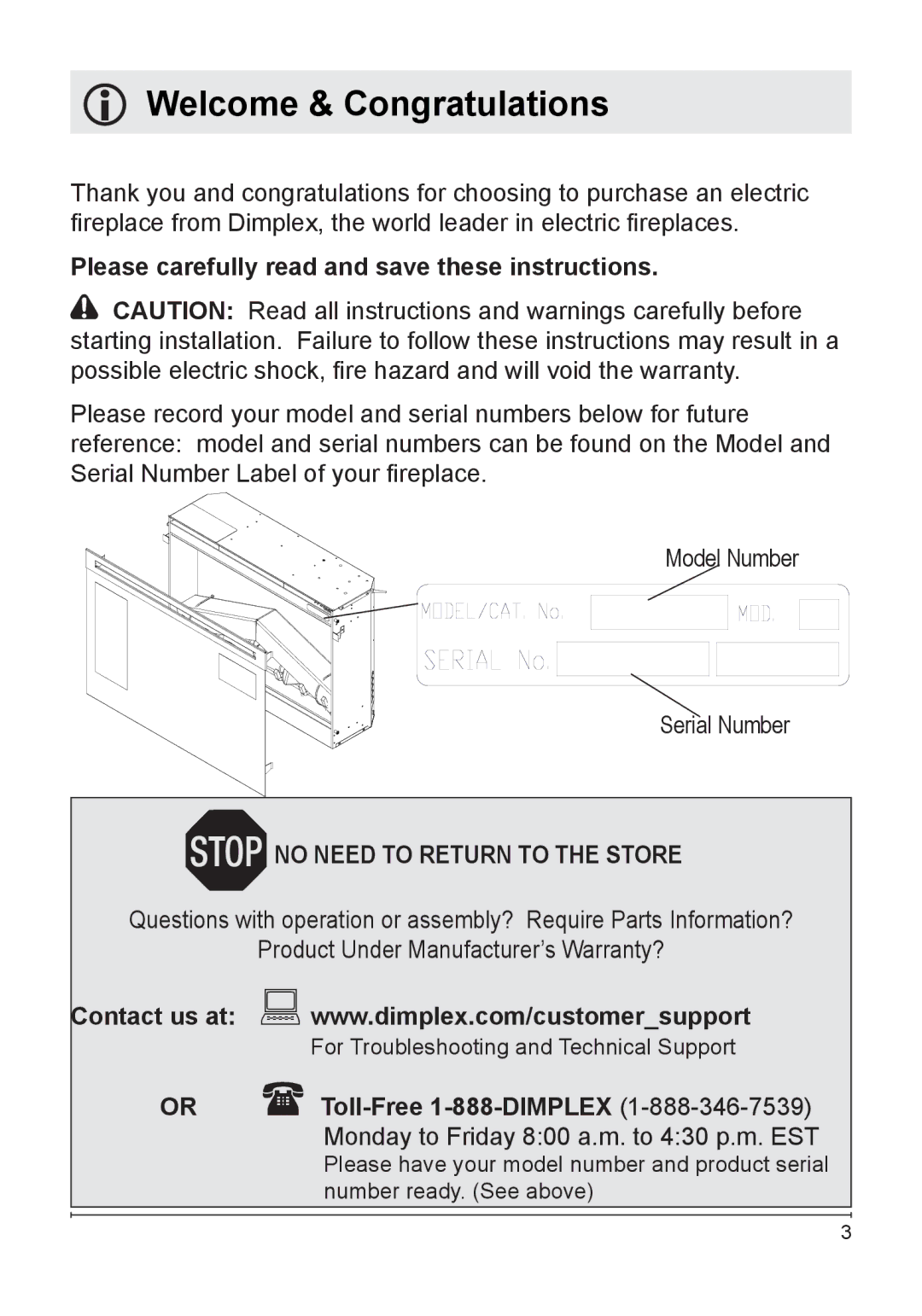 Dimplex DF3033ST owner manual Welcome & Congratulations, Please carefully read and save these instructions 