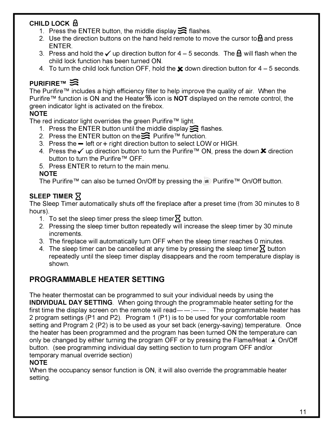 Dimplex DF3215 manual Programmable Heater Setting, Child Lock, Purifire, Sleep Timer 