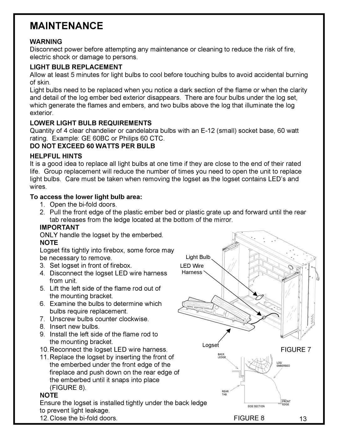 Dimplex DF3215 Maintenance, Light Bulb Replacement, Lower Light Bulb Requirements, To access the lower light bulb area 