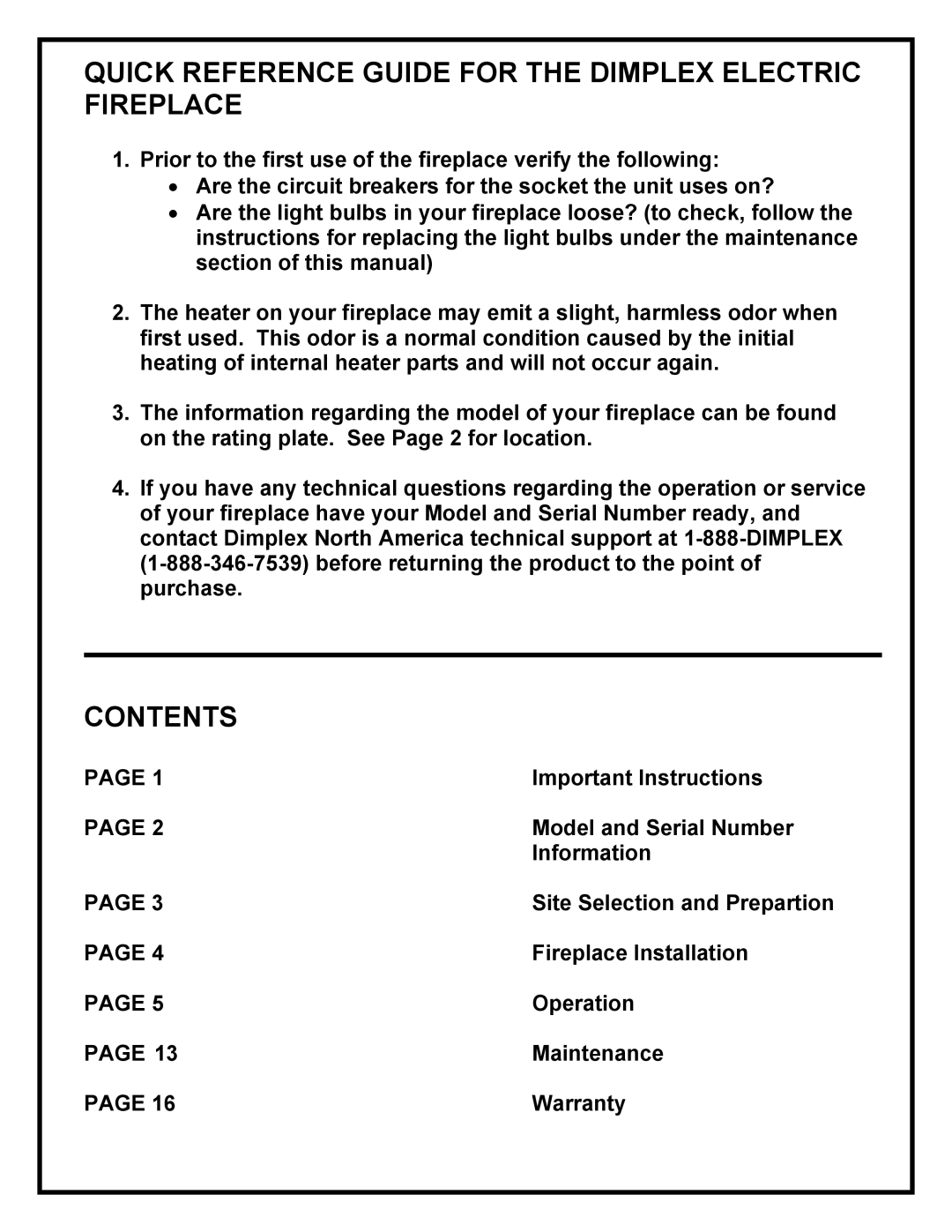 Dimplex DF3215 manual Quick Reference Guide for the Dimplex Electric Fireplace, Contents 