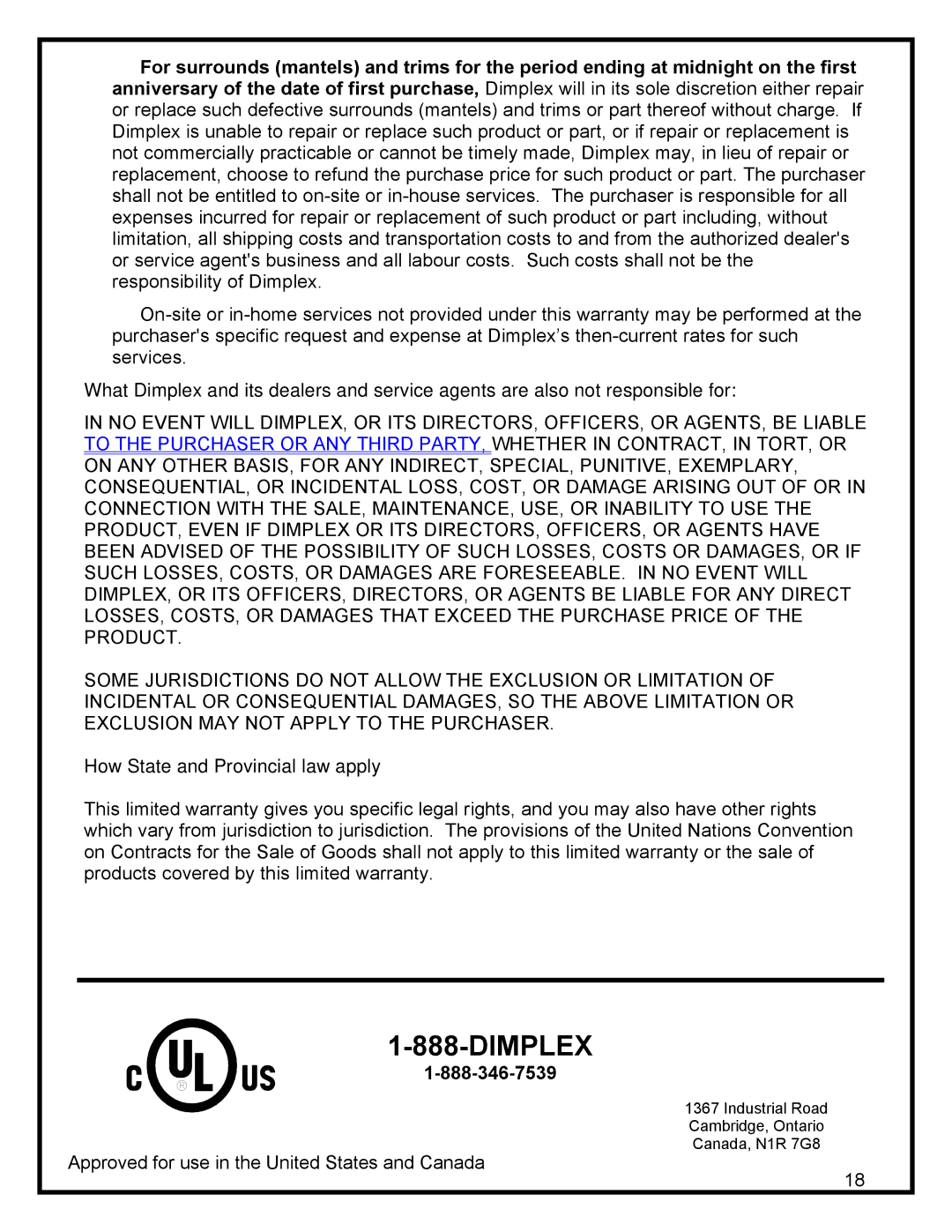 Dimplex DF3215 manual Dimplex, How State and Provincial law apply 