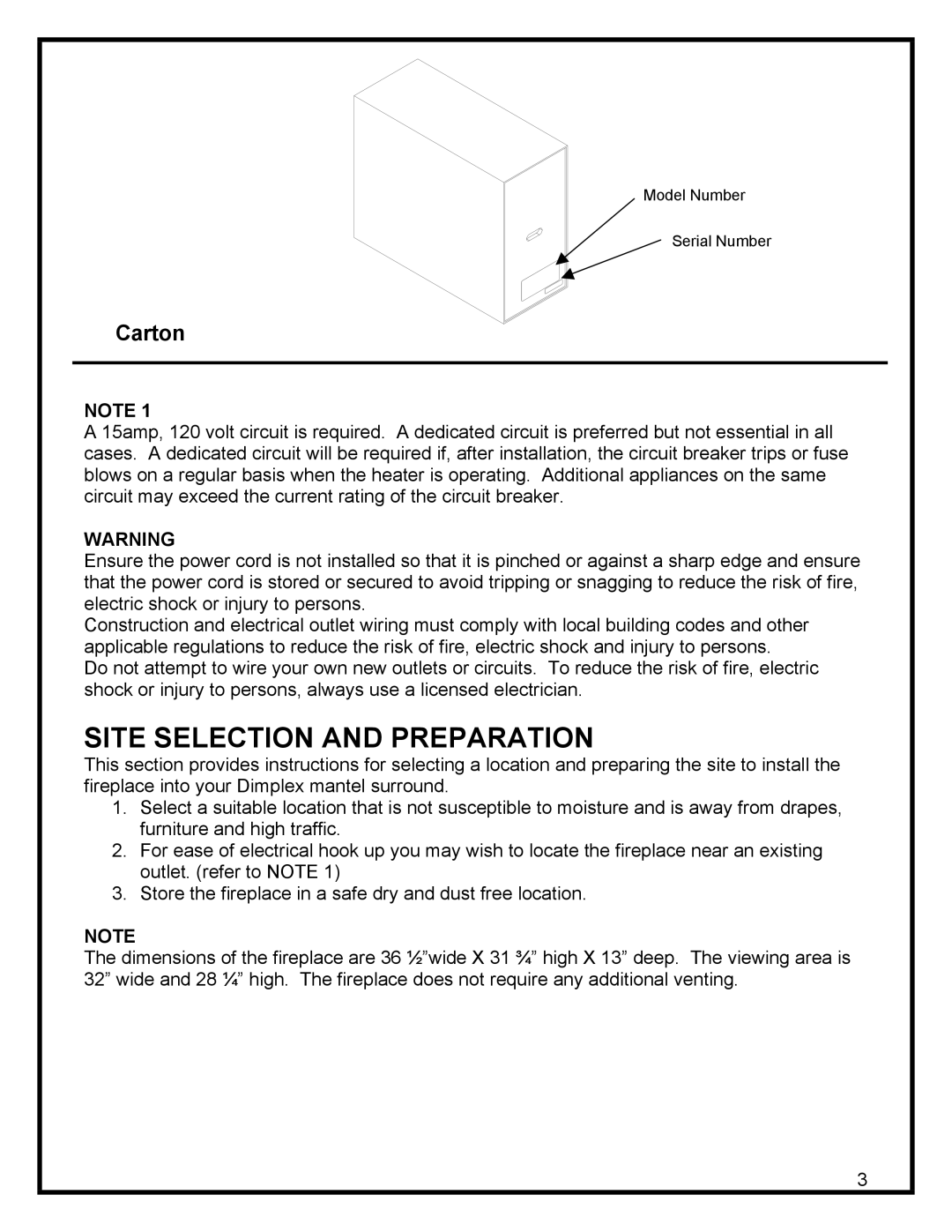 Dimplex DF3215 manual Site Selection and Preparation, Carton 