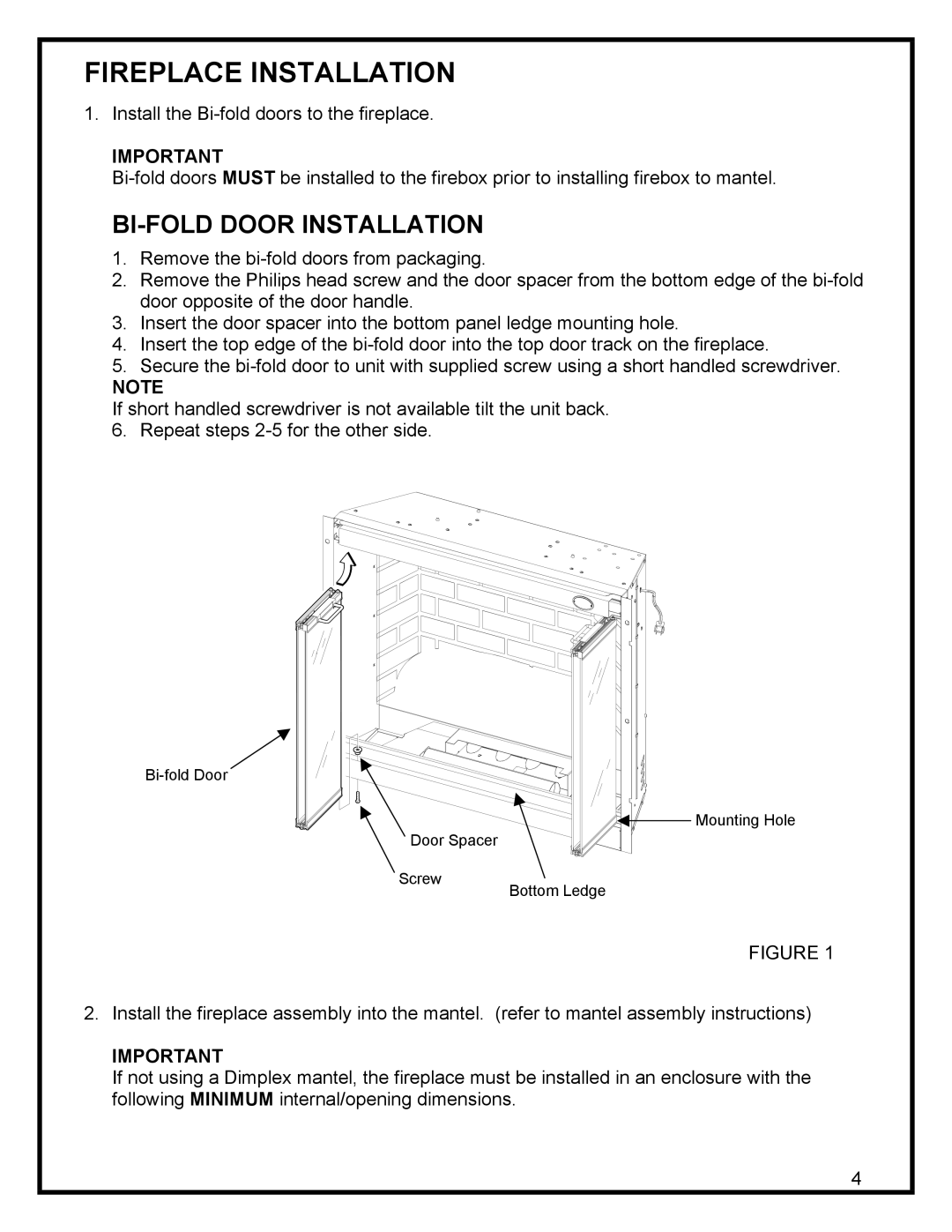 Dimplex DF3215 manual Fireplace Installation, BI-FOLD Door Installation 