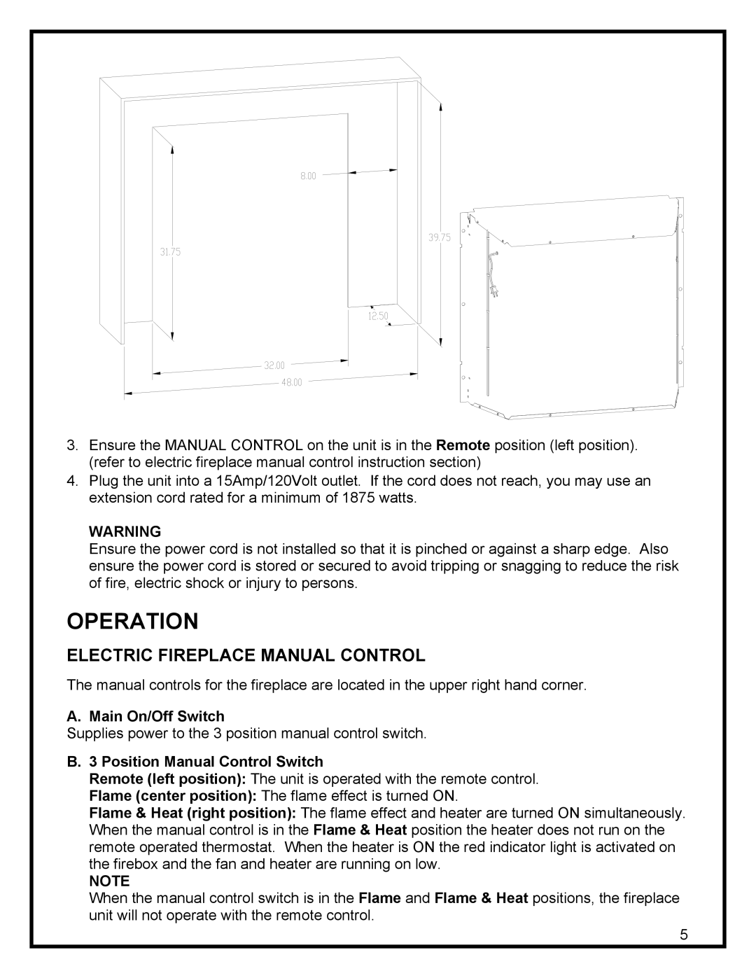 Dimplex DF3215 manual Operation, Electric Fireplace Manual Control, Main On/Off Switch, Position Manual Control Switch 