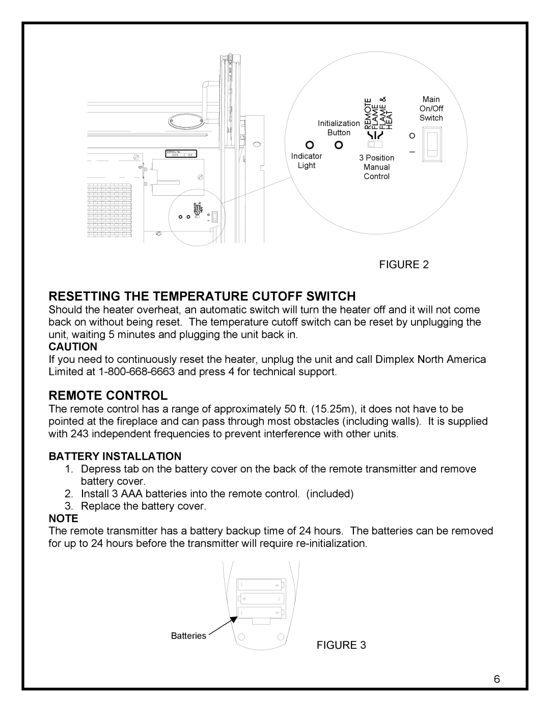 Dimplex DF3215 manual Resetting the Temperature Cutoff Switch, Remote Control, Battery Installation 