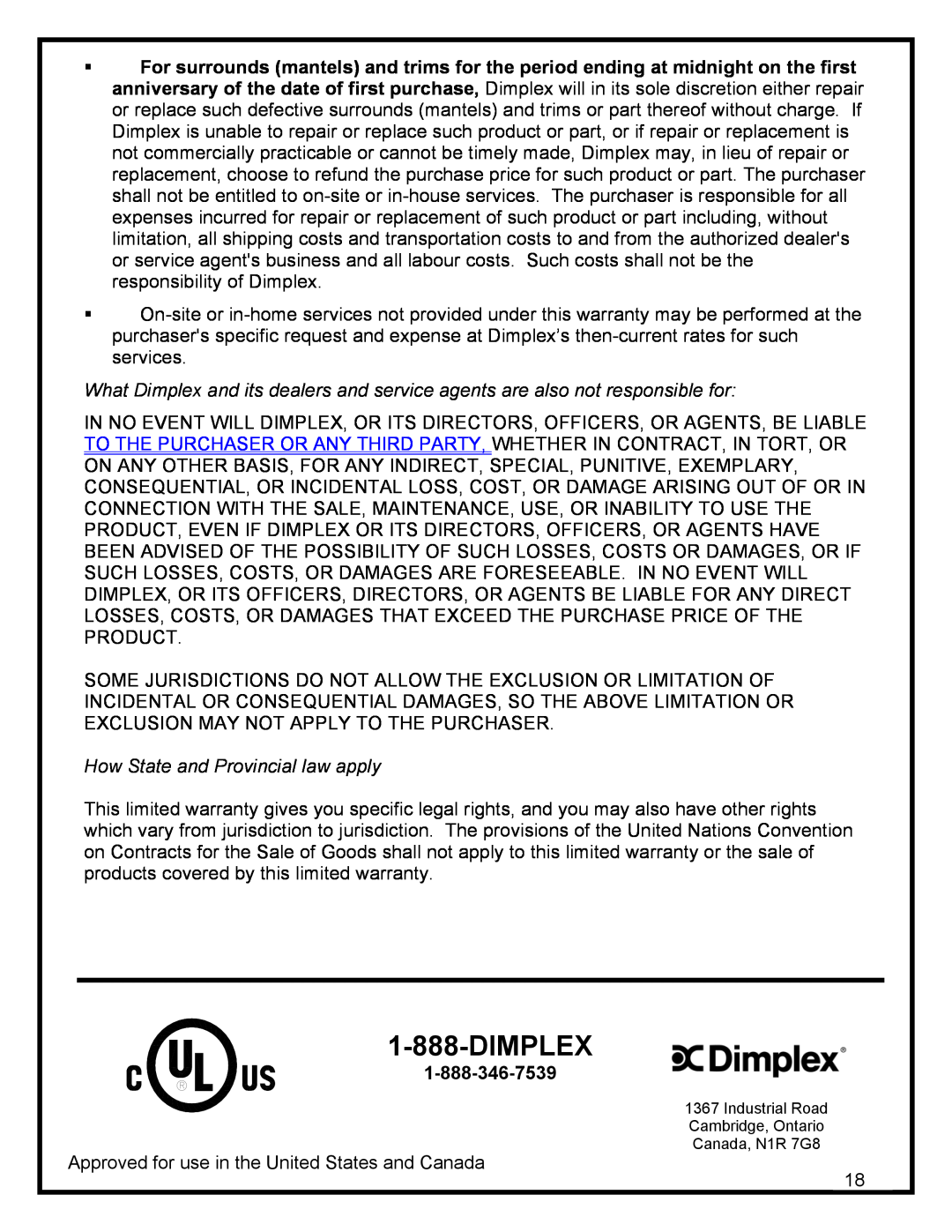 Dimplex DF3215 manual Dimplex, How State and Provincial law apply 