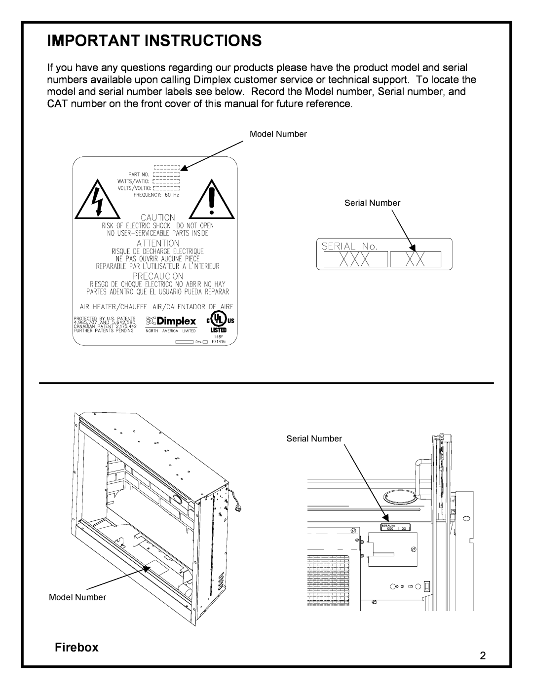Dimplex DF3215 manual Important Instructions, Firebox 