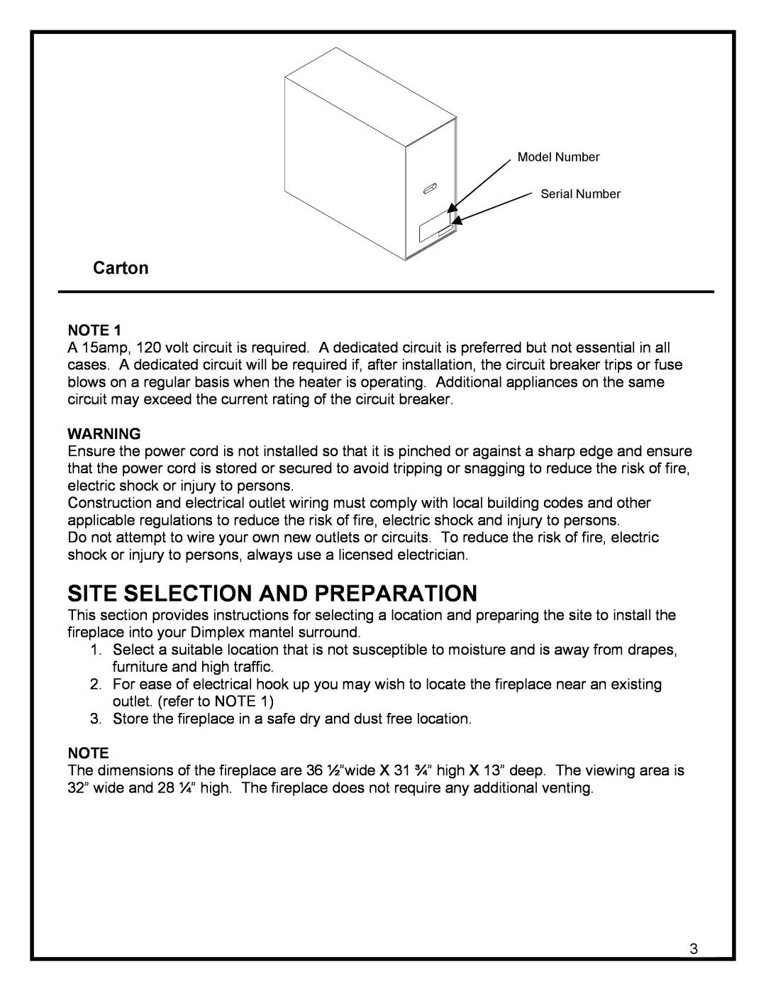 Dimplex DF3215 manual Site Selection And Preparation, Carton 