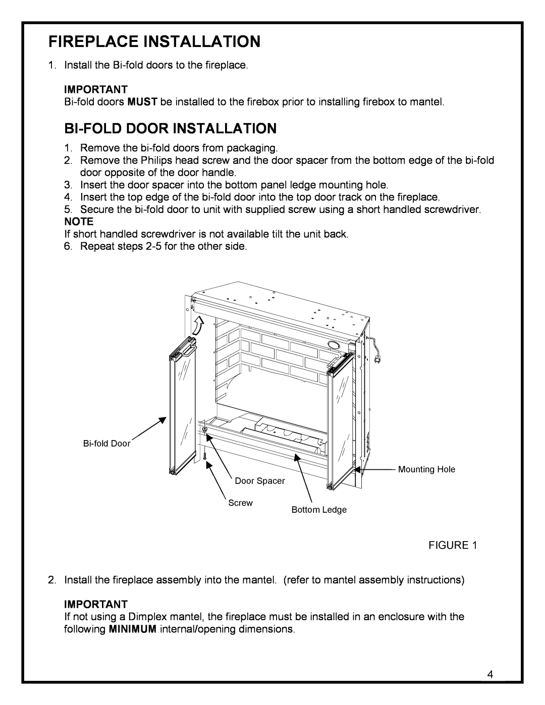 Dimplex DF3215 manual Fireplace Installation, Bi-Folddoor Installation 
