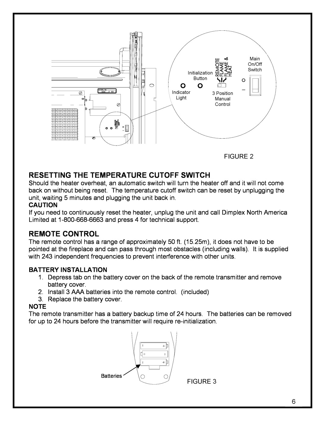 Dimplex DF3215 manual Resetting The Temperature Cutoff Switch, Remote Control, Battery Installation 