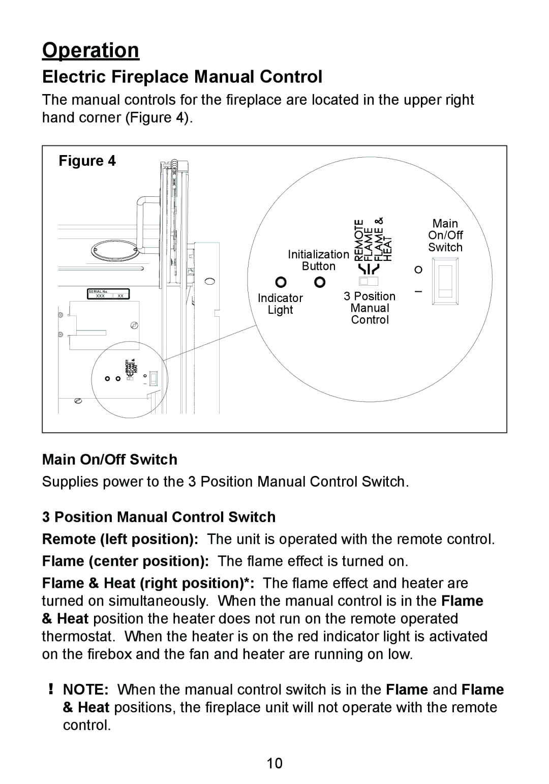 Dimplex DF3215NH Operation, Electric Fireplace Manual Control, Main On/Off Switch, Position Manual Control Switch 