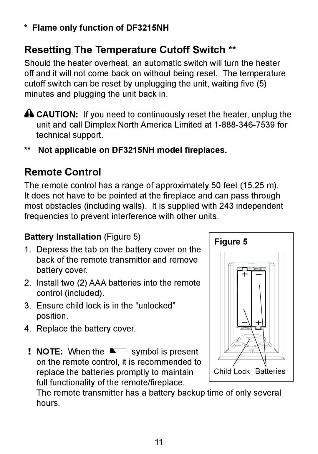 Dimplex owner manual Resetting The Temperature Cutoff Switch, Remote Control, Flame only function of DF3215NH 