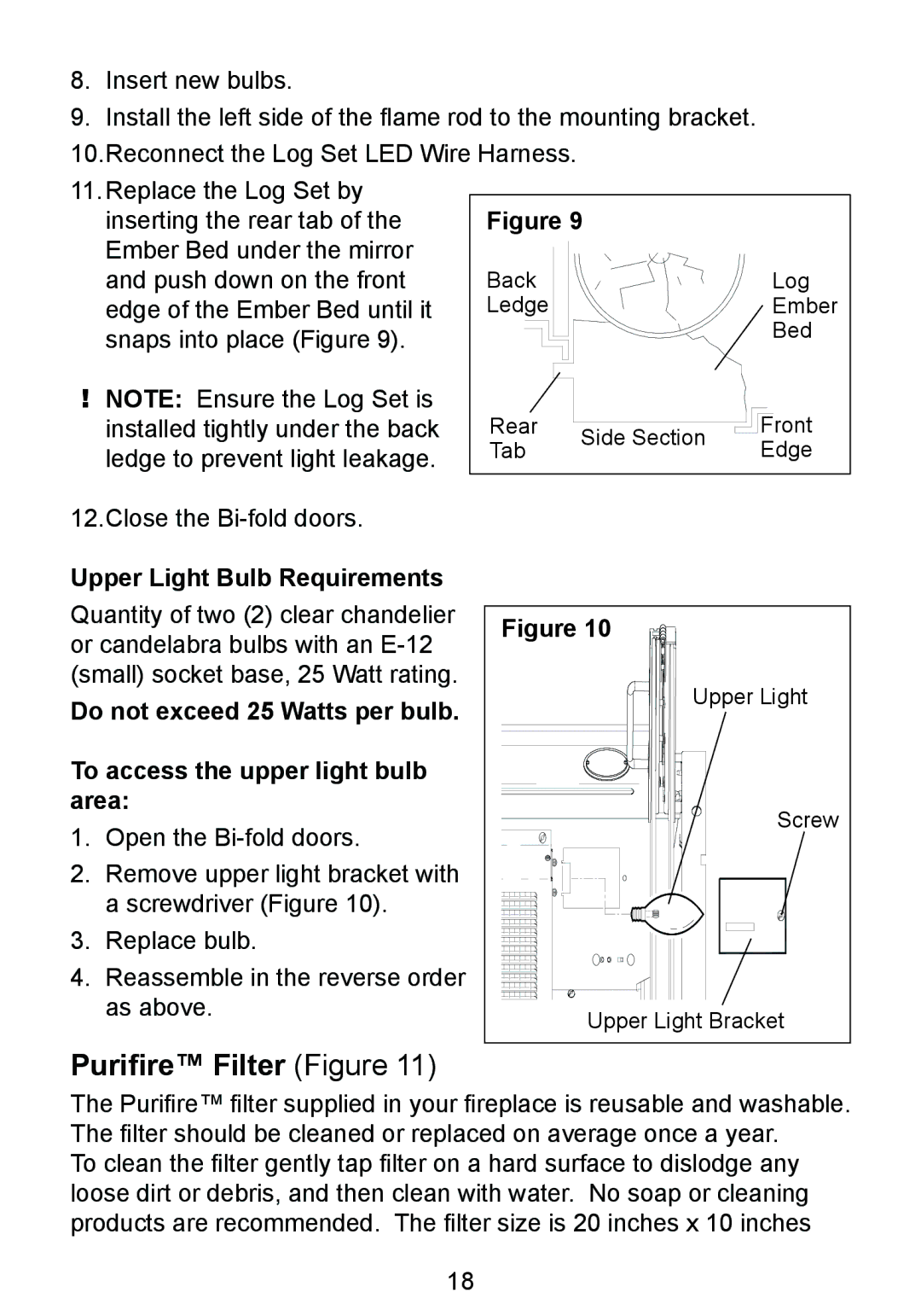 Dimplex DF3215NH owner manual Purifire Filter Figure, Upper Light Bulb Requirements 