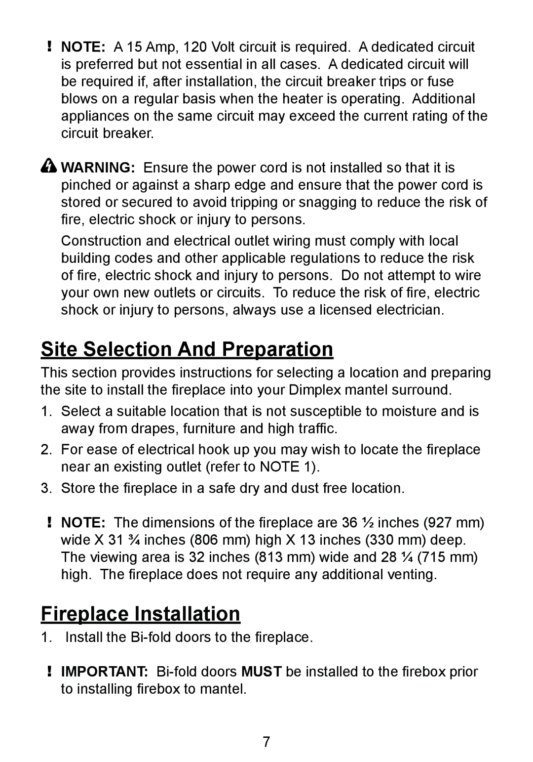 Dimplex DF3215NH owner manual Site Selection And Preparation, Fireplace Installation 