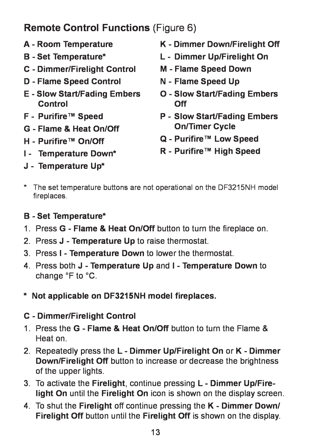Dimplex DF3215NH Remote Control Functions Figure, A - Room Temperature, K - Dimmer Down/Firelight Off, B - Set Temperature 