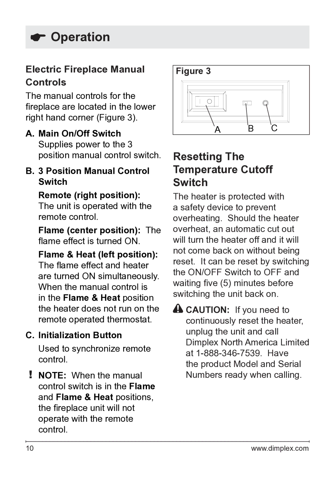 Dimplex DFB8842 owner manual Operation, Resetting Temperature Cutoff Switch, Initialization Button 